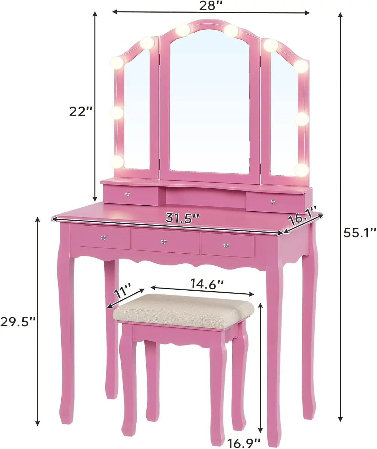 Vanity desk with tri-fold mirror and lights makeup wood upholstered stool 5 drawers & 8 jewelry - united states / pink