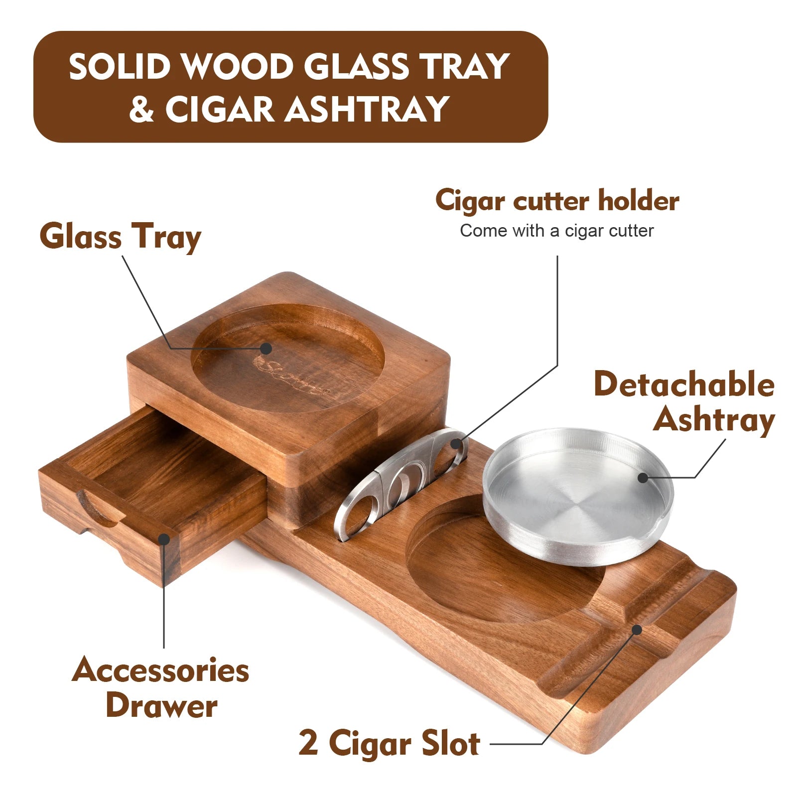 Scotte ashtray coaster whiskey glass tray & wooden ash with cigar cutter includes drawer and slot