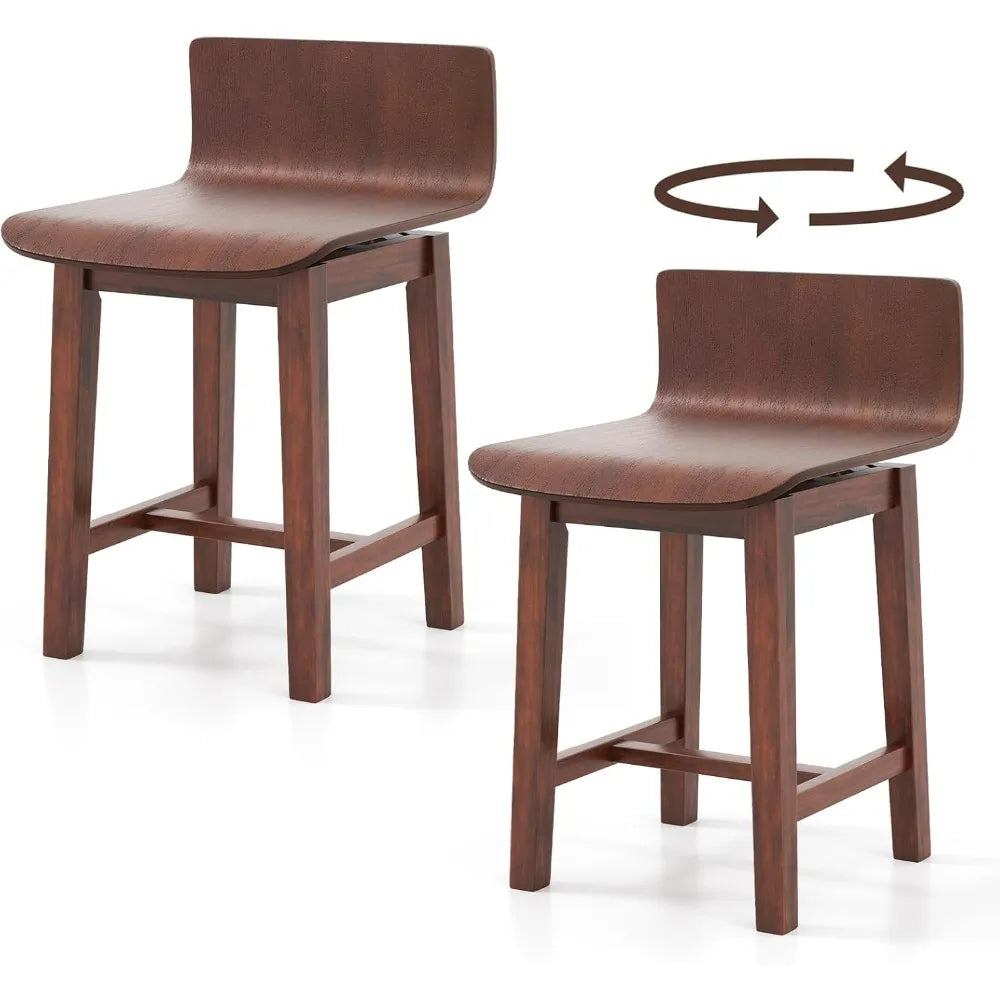 Swivel solid wood dining stools set of 2 19-inch counter height chairs with low back footrest farmhouse wooden armles
