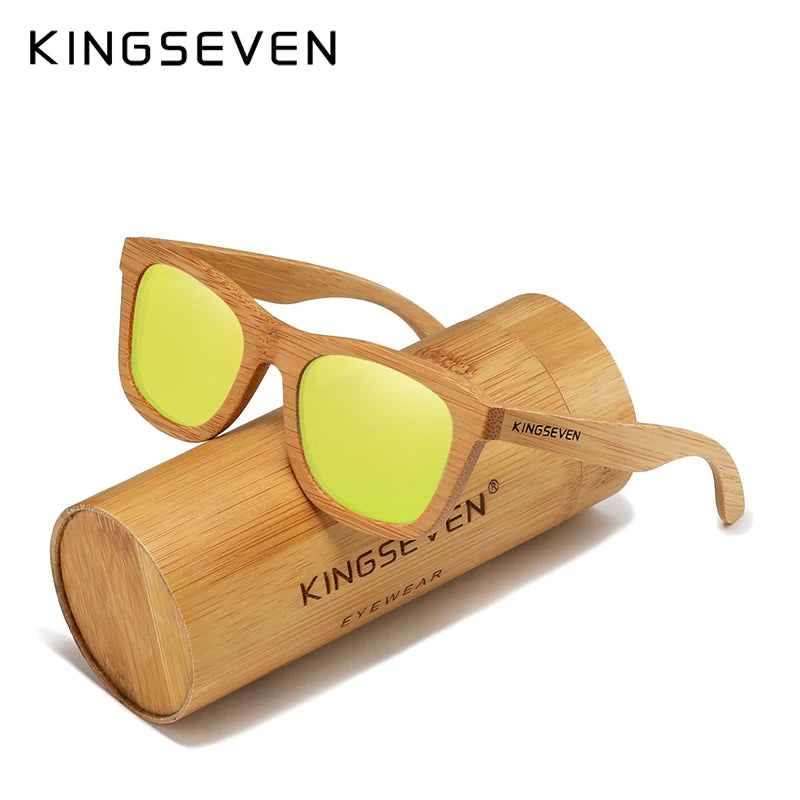 Kingseven polarized natural wooden sunglasses for men women full bamboo frame retro handmade eyewear square uv400 lens