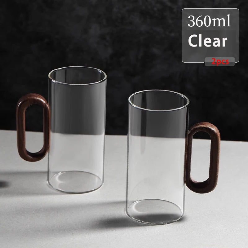 2/4/6pcs glass mug with wooden handle heat-resistant teacup set transparent breakfast milk juice cup home party