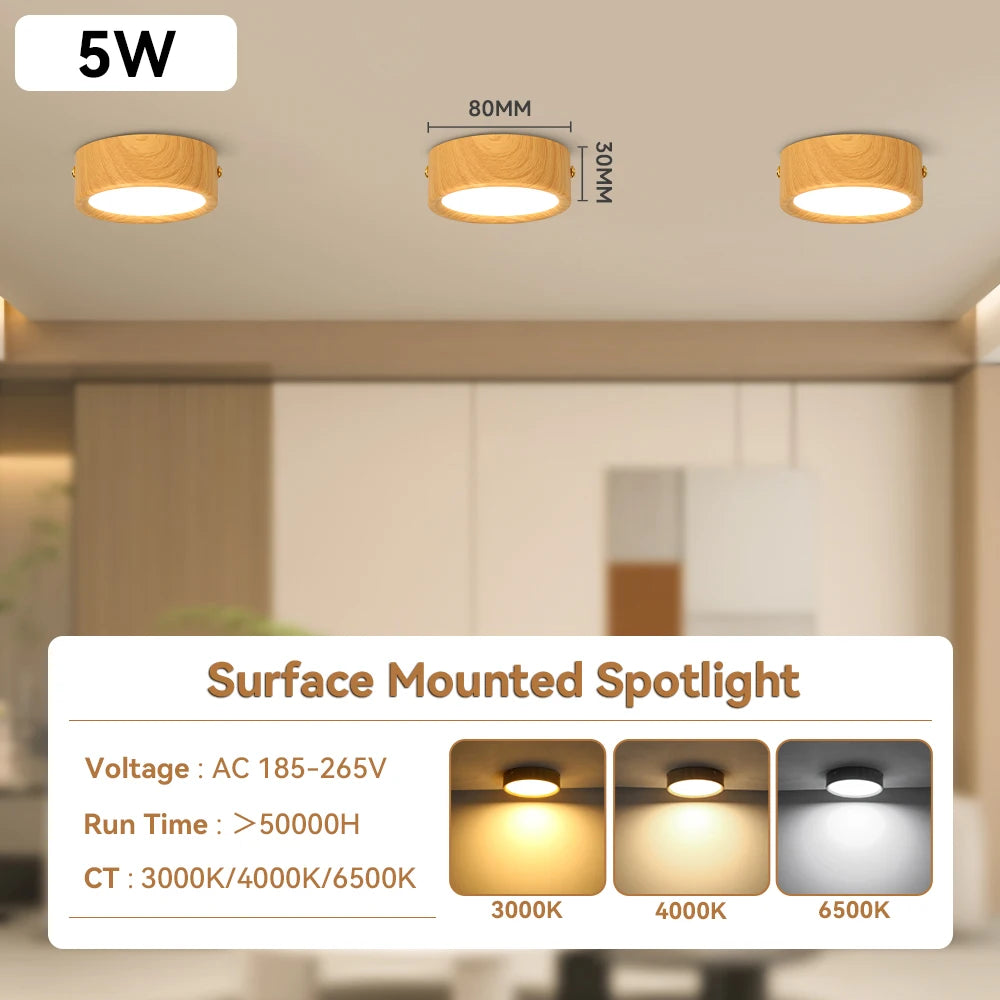 Wood ceiling light 3 colors memory downlight surface mounted led spotlight modern indoor for living room bedroom panel