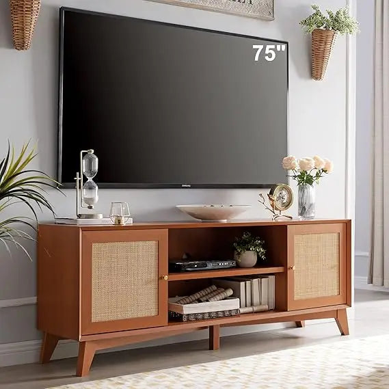 Tv stand for 75+ inch mid century modern entertainment center with natural rattan door storage shelves large boho media