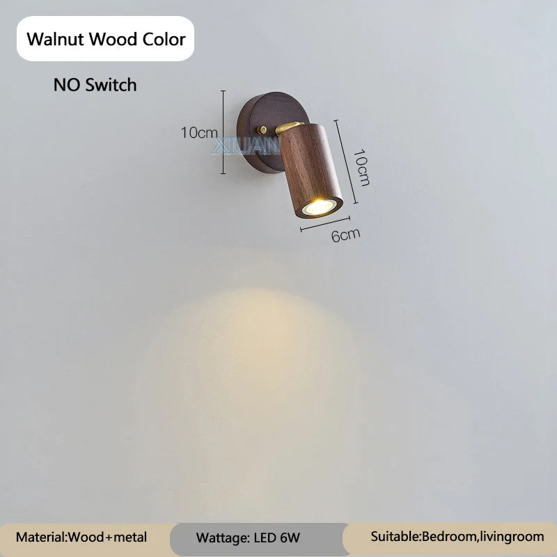 Japanese walnut wood color bedroom bedside wall light zipper switch vintage retro lamp with adjustable spotlight