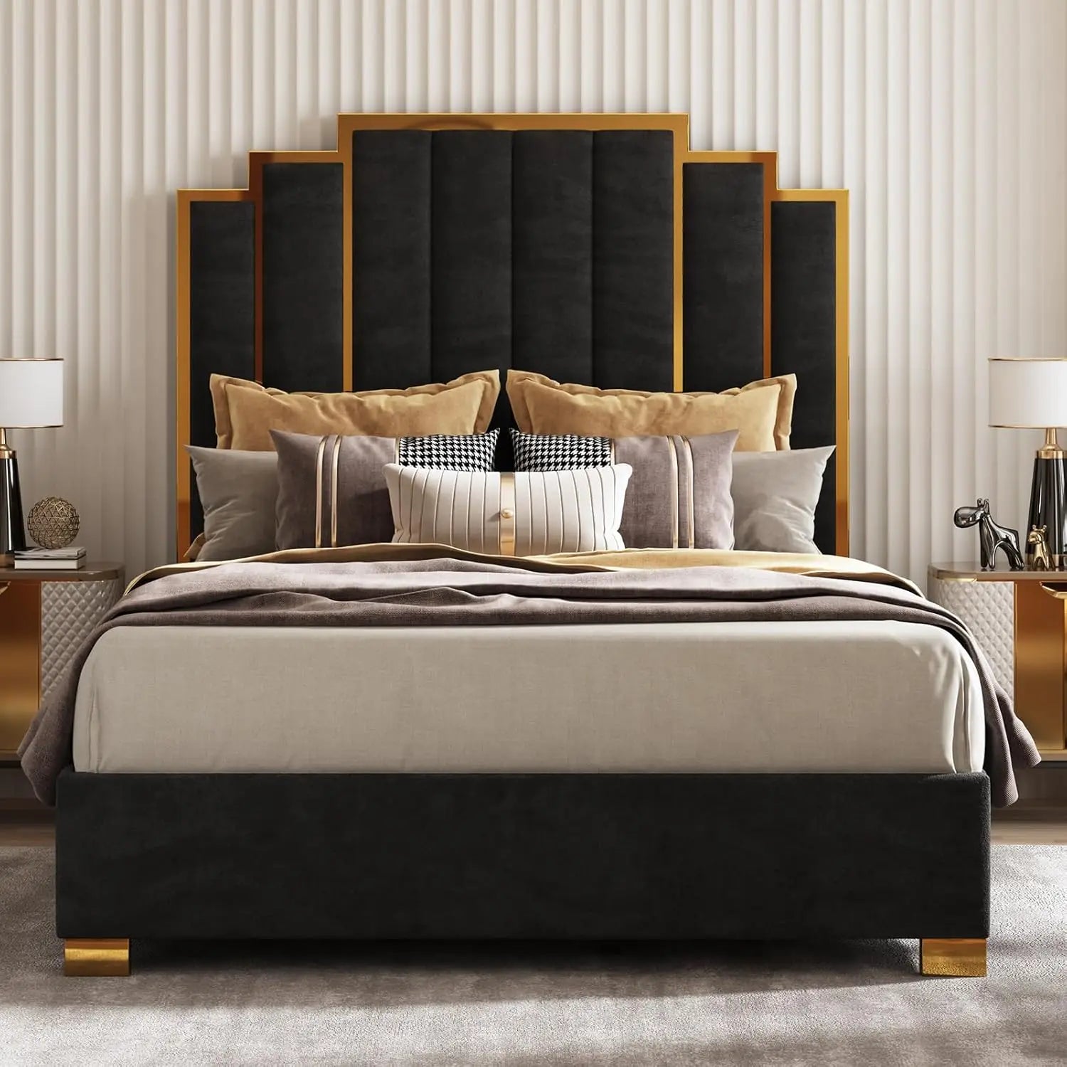 Upholstered bed modern velvet frame with 61.4\u201d tall gold trim headboard no box spring needed cream - queenblack