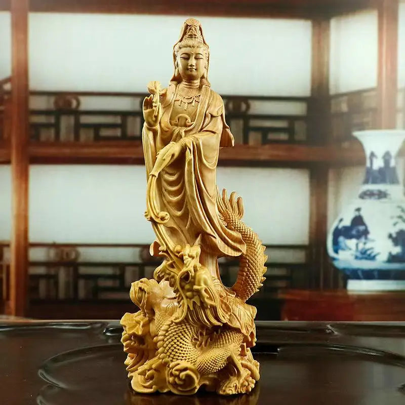 Natural wood dragon guanyin buddha statue traditional hand-carved chinese buddhist figures home living room feng shui