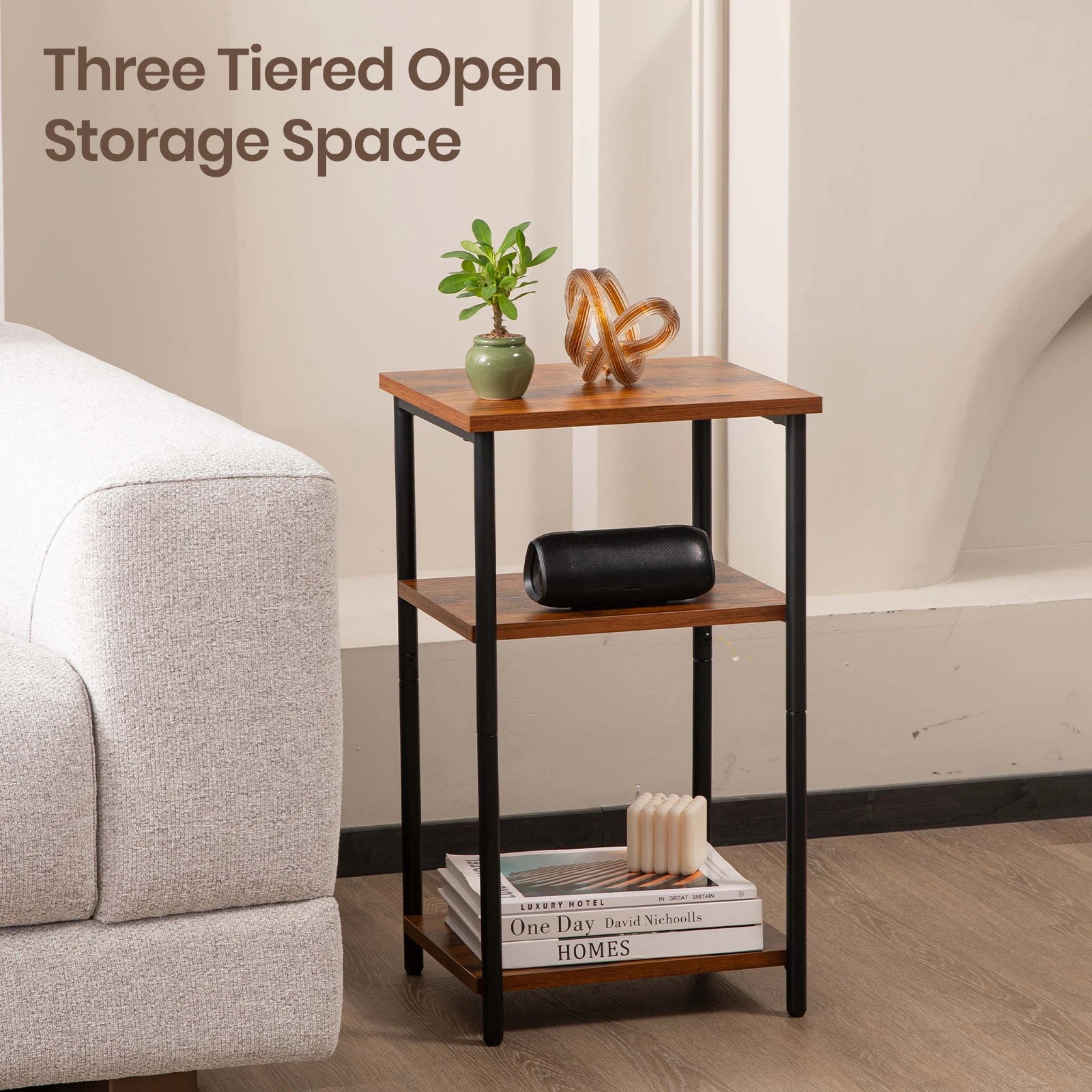 Jhk 2/3-tier end table side tables with adjustable feet small nightstand steel frame space-saving for bedroom living