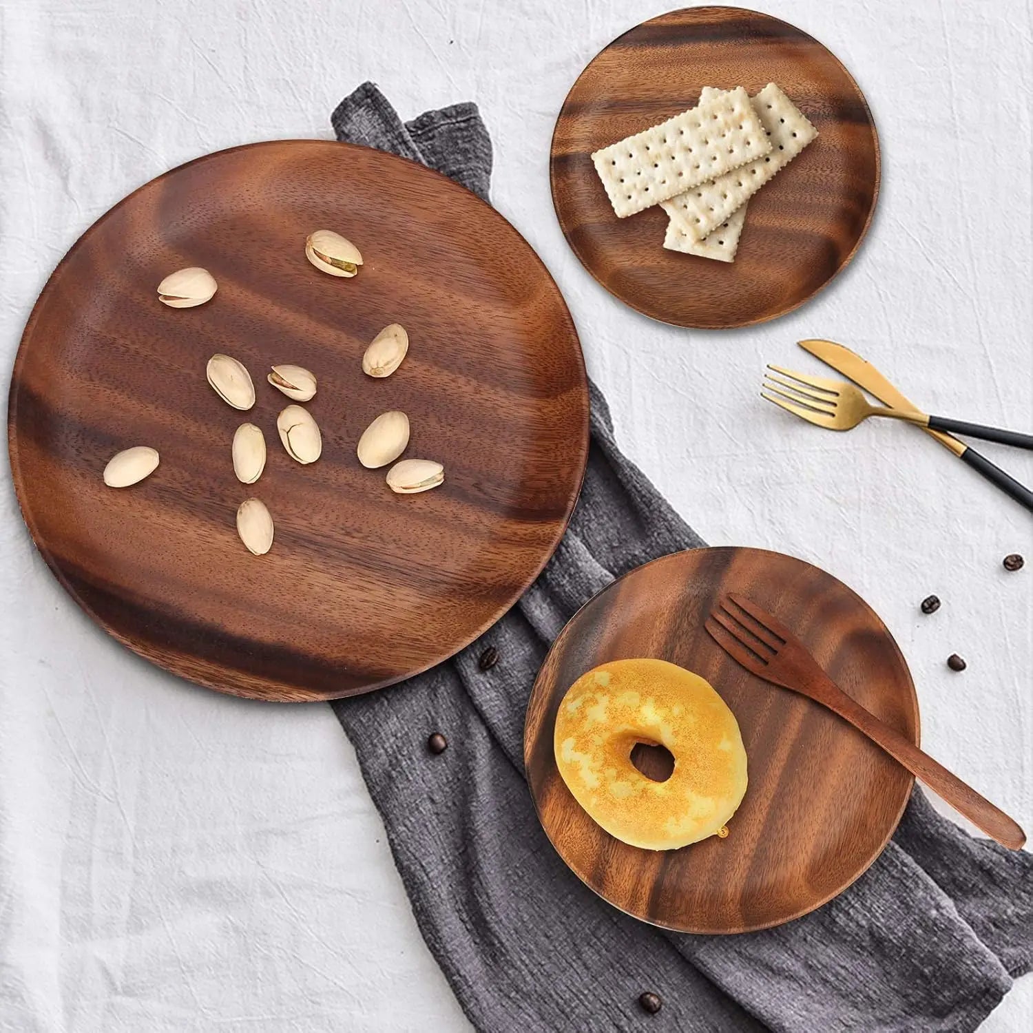 12 inch best acacia wooden dinner plates set of 2 round wood serving tray for eating salad fruit food dishe platt