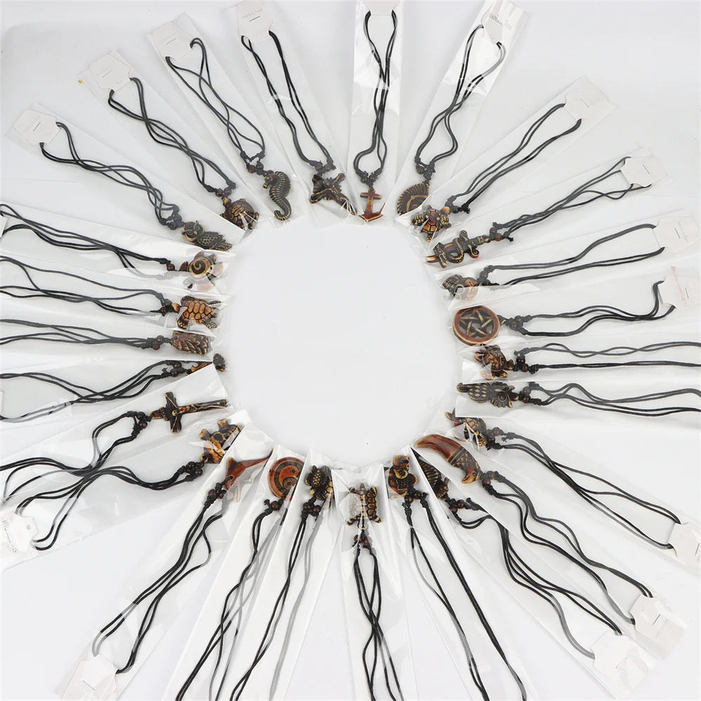 20pcs/lot vintage punk style wooden necklace owl turtle men women beaded pendant choker sweater dress neck jewelry