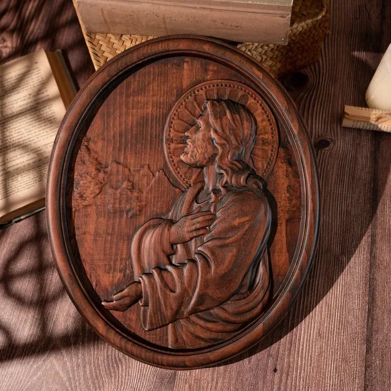 High quality vintage jesus praying oval wooden catholic statue saint home wall hanging decor - retro / 35cm - religious
