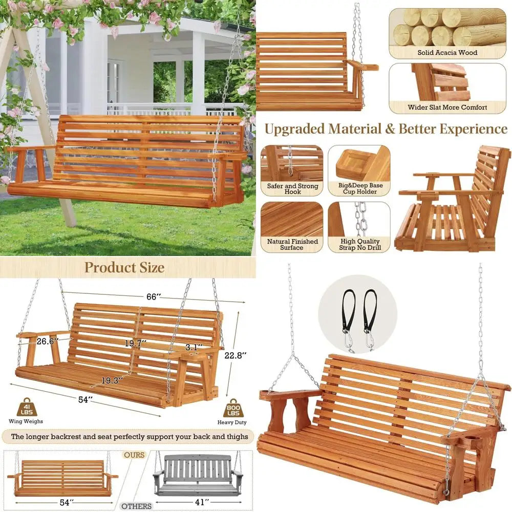 Wooden porch swing with cup holders and chains 880 lbs capacity outdoor chair bench for courtyard patio - united states