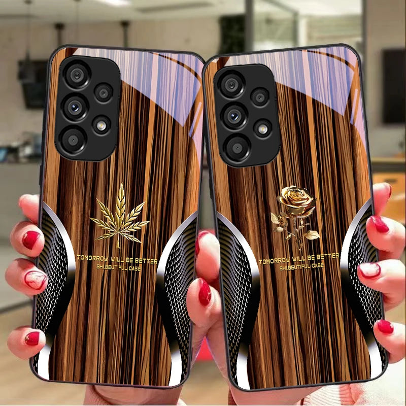Wood grain snake for samsung galaxy s10 s20 plus s21 fe s22 s23 s24 s25 ultra black tempered glass phone case hard shell
