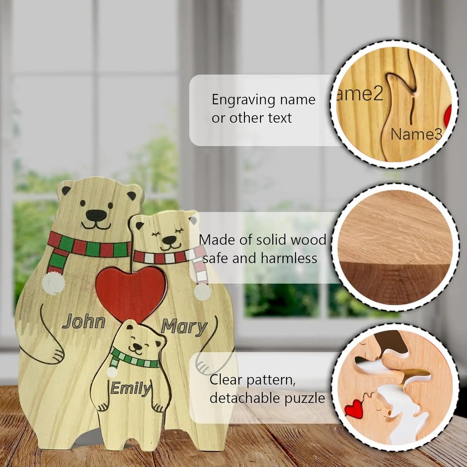 Name personalized custom mother’s birthday gift family names sculpture wood puzzle bear heart puzzles home decoration