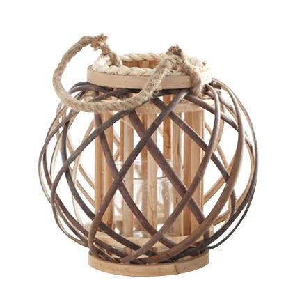 Wicker lantern electronic candle holder hanging windproof crafts festival home decor round wedding vintage wooden