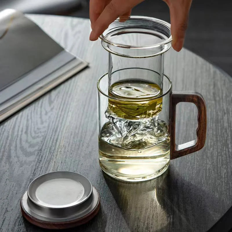 400ml walnut wooden handle glass tea cup with infuser filter flower water separation scented mug drinkware