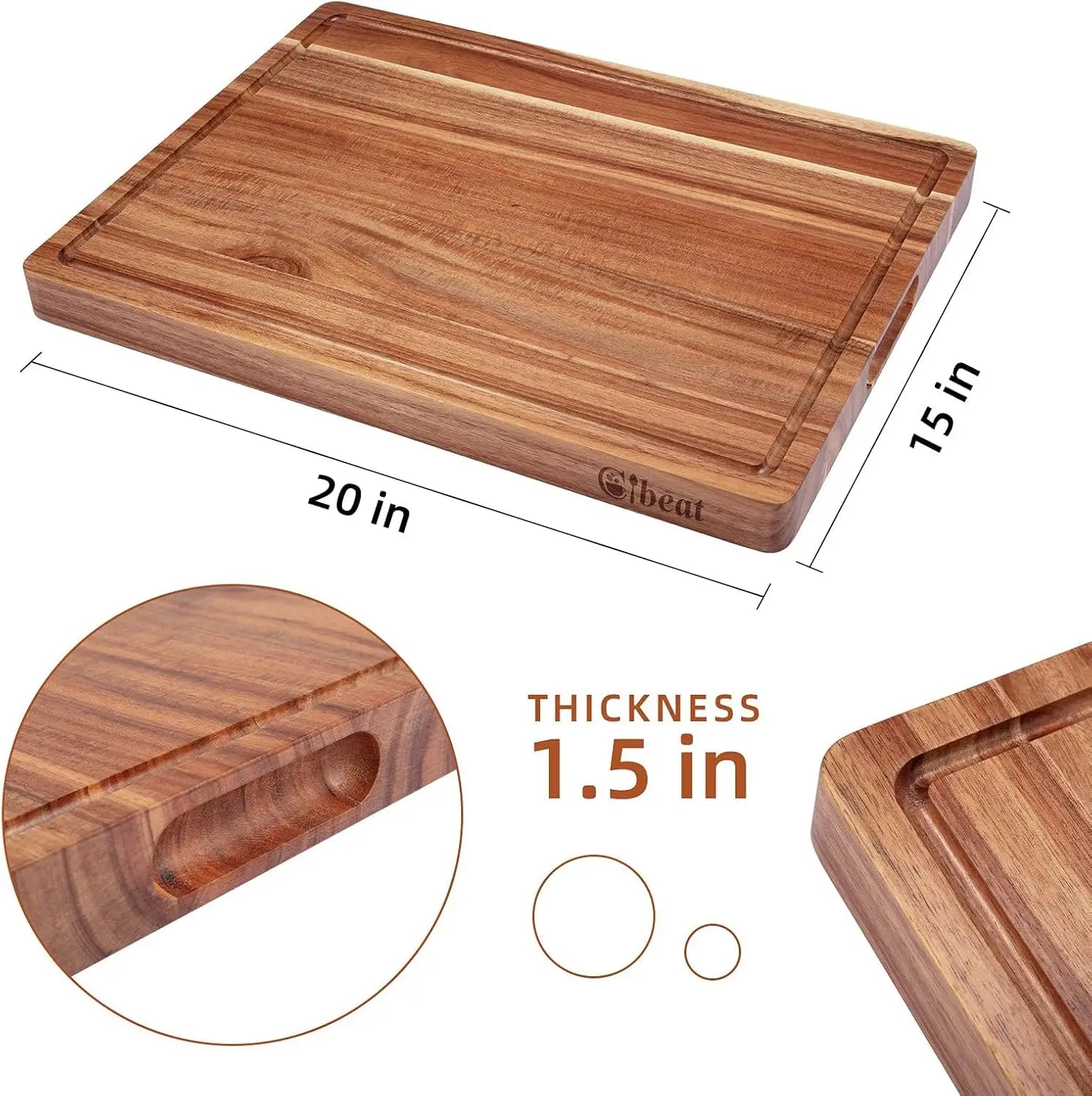 Acacia wooden cutting board for kitchen thick chopping with side handles & water grooves butcher block - 61x45.7x3cm