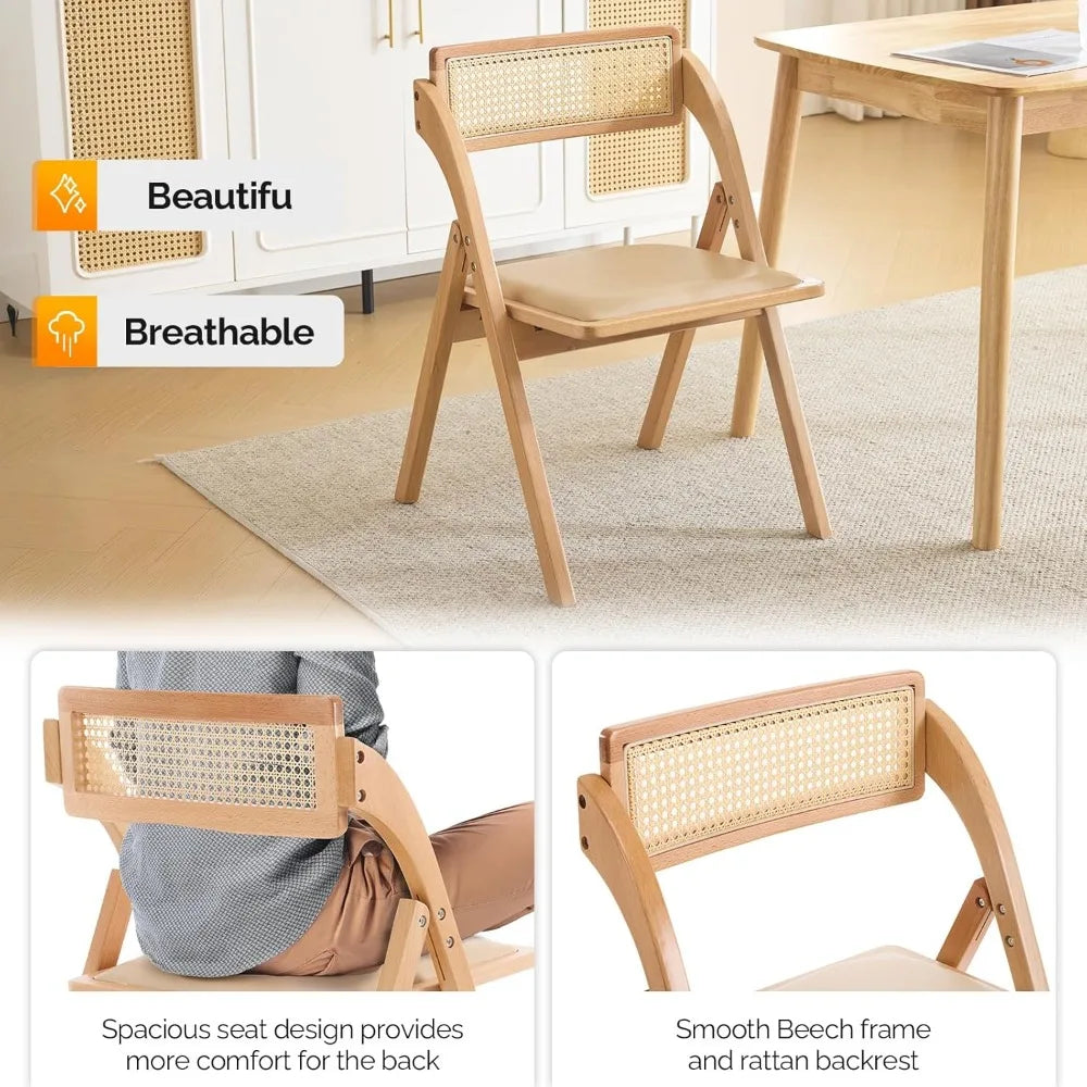 Wooden folding dining chairs set of 2 with rattan backrest and leather cushion armless beech wood frame for living room