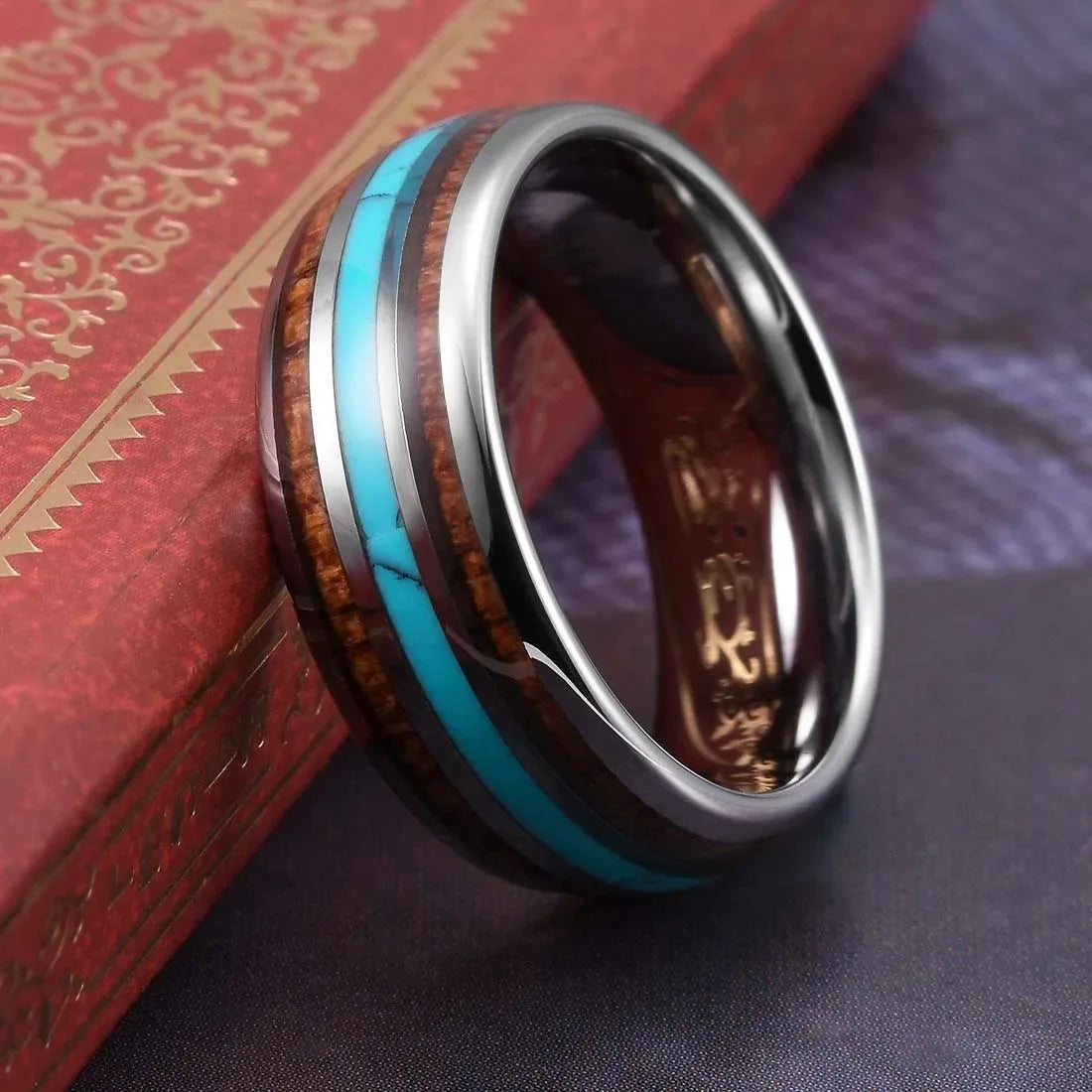 Fashion 8mm men stainless steel koa wood rings inlay blue turquoise stone for wedding engagement band jewelry gift