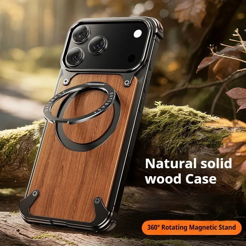 Eary solid wood phone case for iphone 17 16 15 14 pro max with magsafe 360 rotatable stand shockproof protective cover