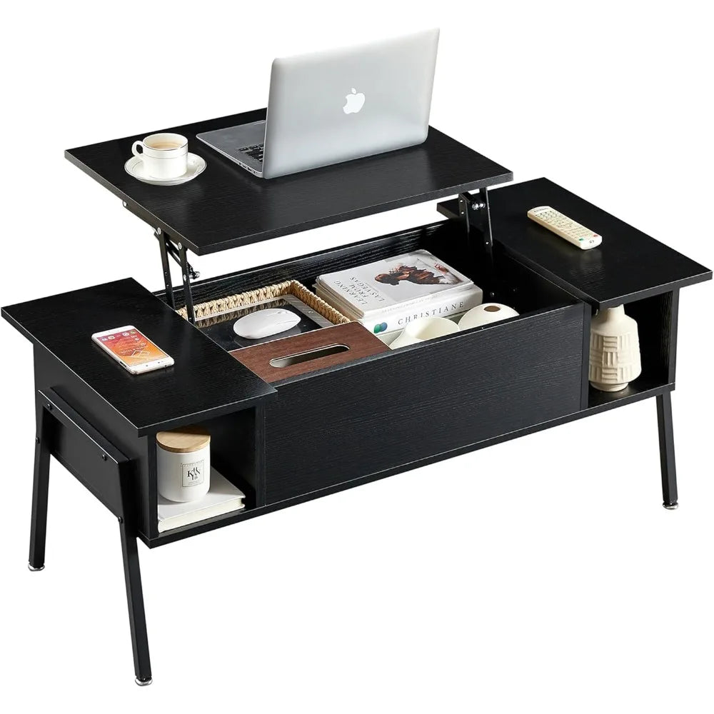 Wood lift top coffee table with hidden compartment and storage shelf for living room/office reception rising tabletop