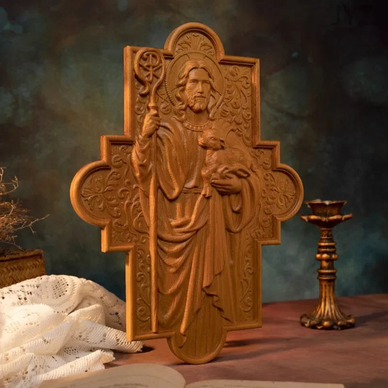 Vintage wood carved religious catholic saint jesus statue wall art decor - 35cm - (christian)