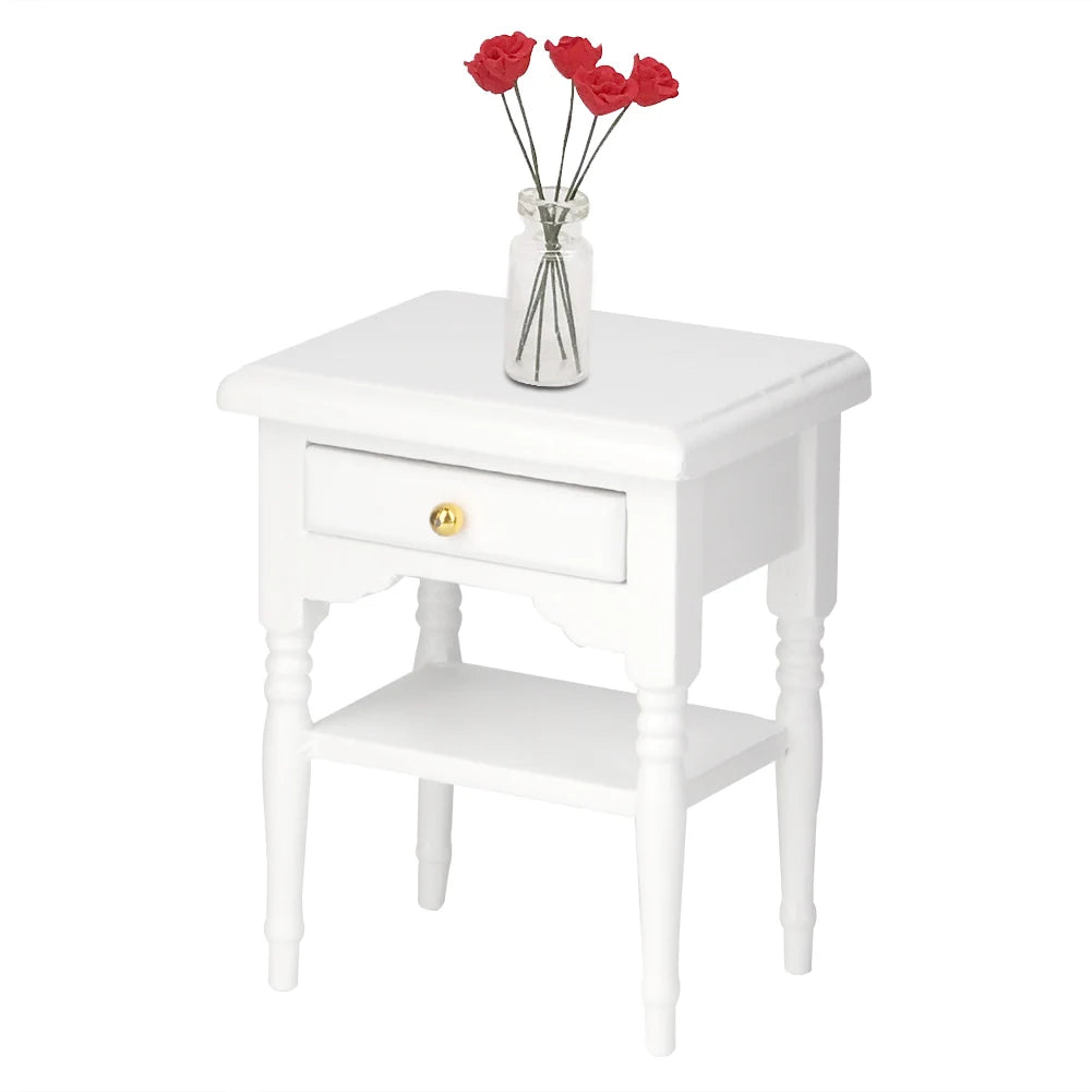 Wood bedside table furniture toy 1:12 white mini bedroom furnishing articles wooden model - a / united states