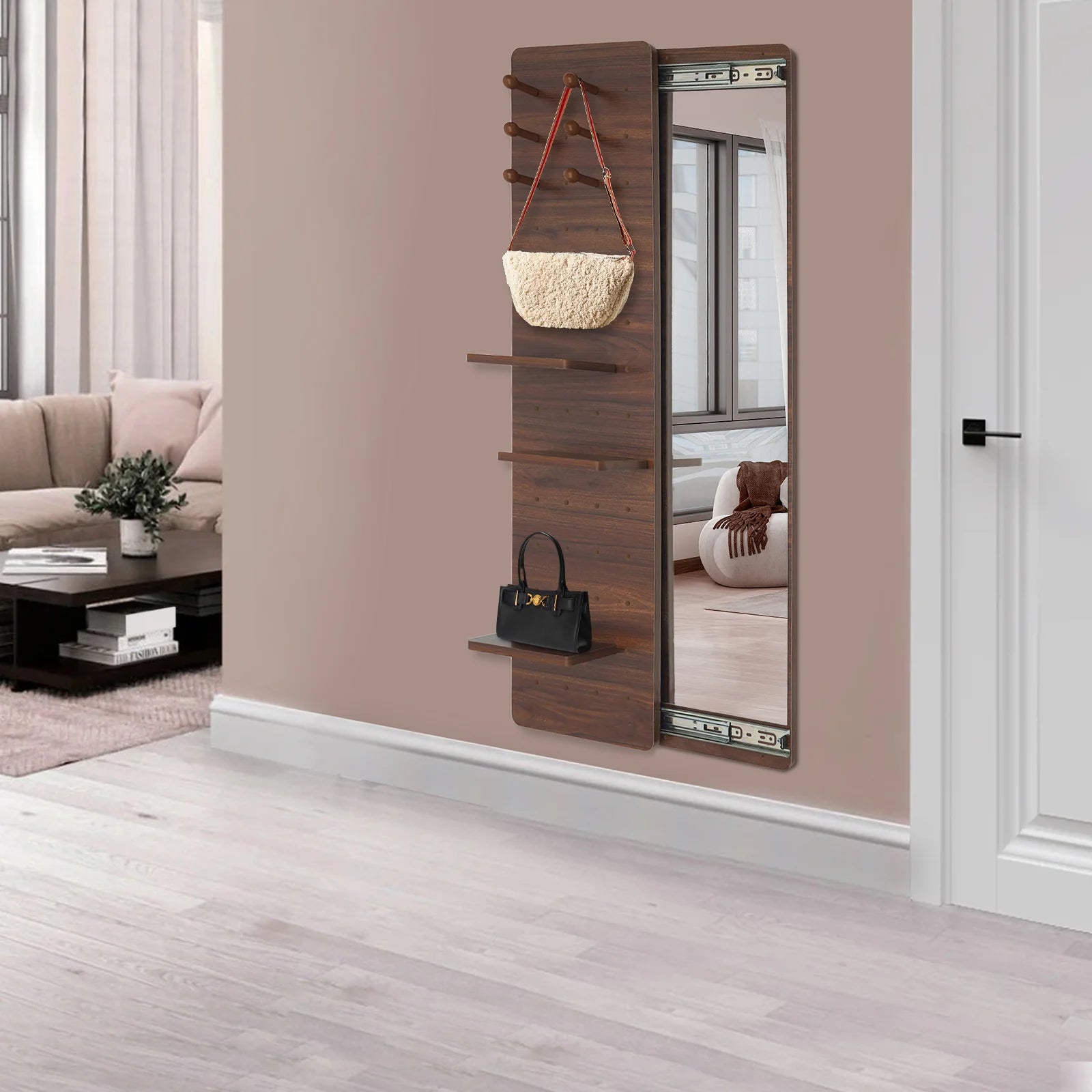 Wood full length mirror with shelf and hooks dual slide rail design multifunctional panel fitting - walnut color