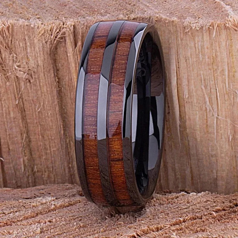 Fashion 8mm men titanium steel koa wood rings for women dome polished stainless wedding band jewelry gifts - ring