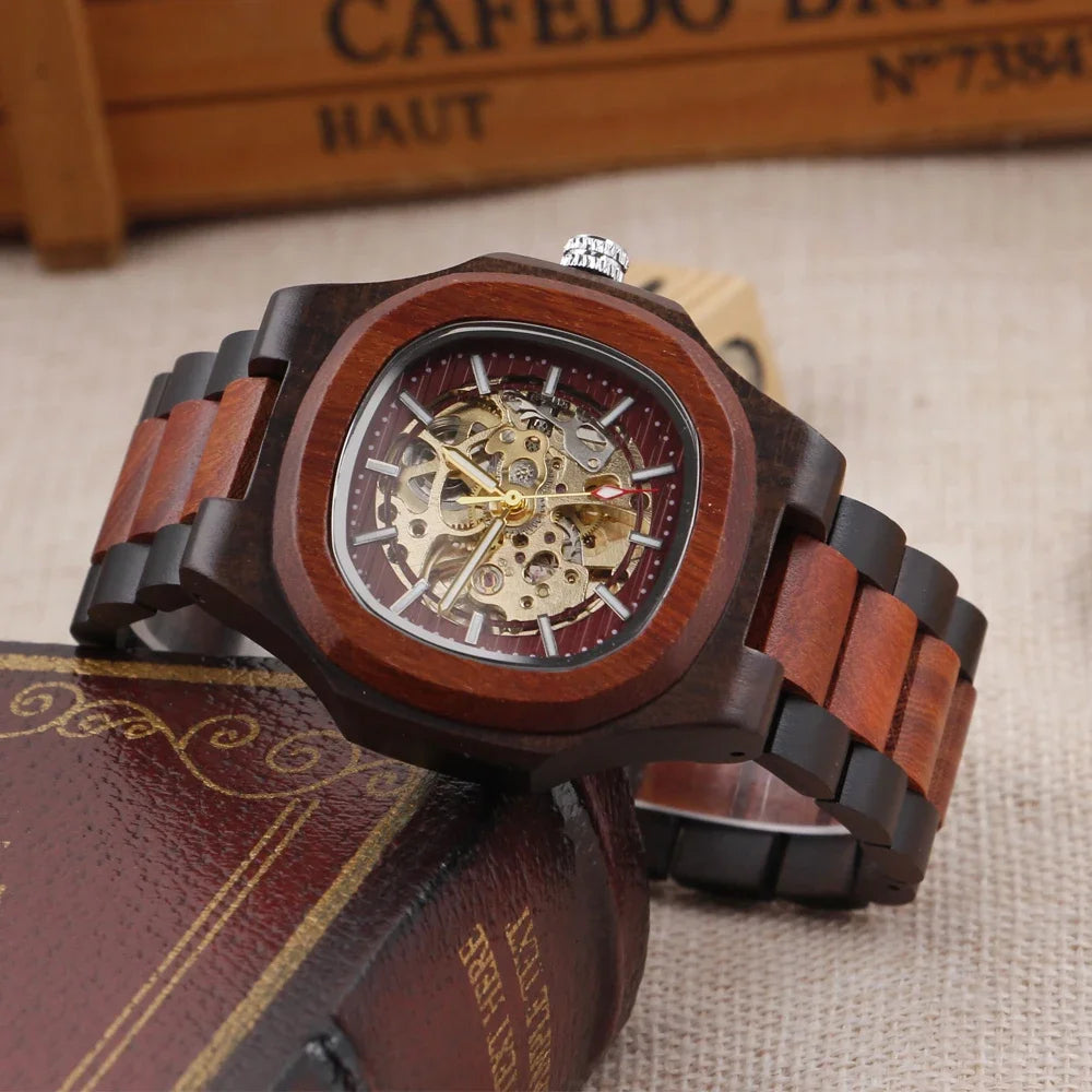 Red and black contrasting wooden men’s mechanical watch fashionable classic steampunk hollow clock the best holiday