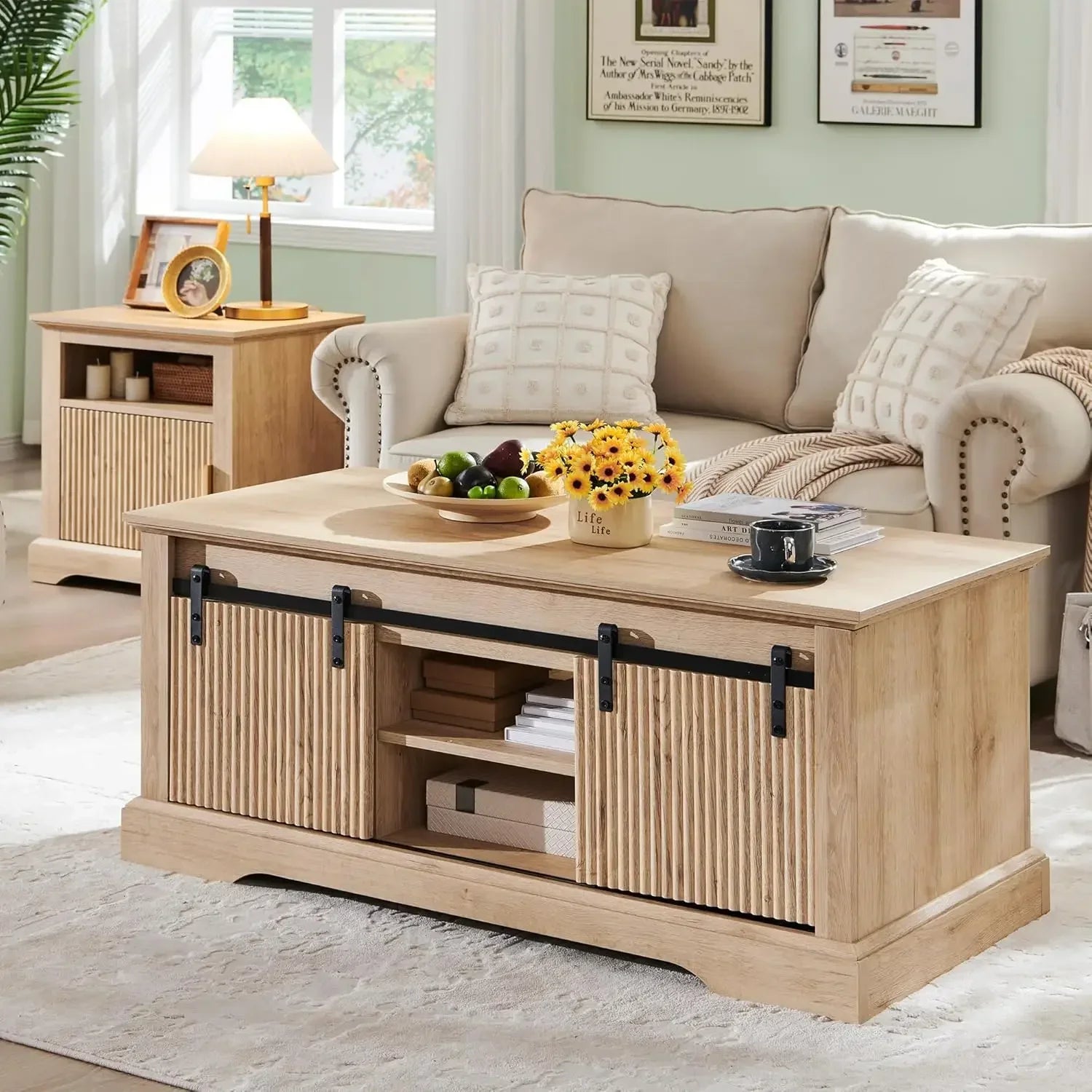 46’’ fluted lift top coffee table with sliding door modern center w/adjustable storage shelf & hidden compartment,