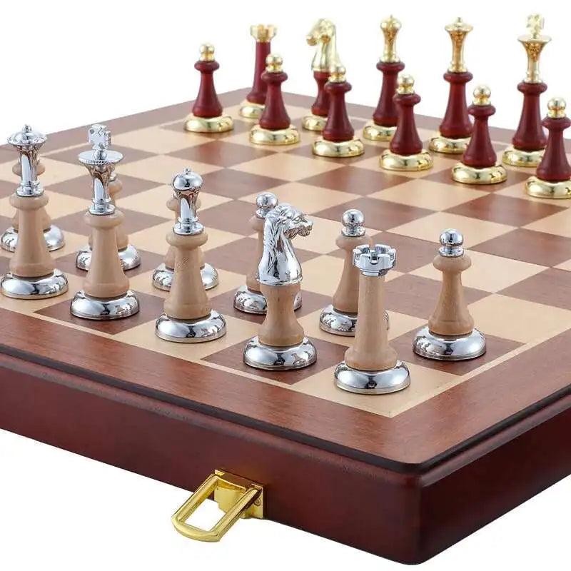 Extra-large chess 45cm/ 17.7-inch wooden folding chessboard high-end metal large zinc alloy + pieces gift - 1 set