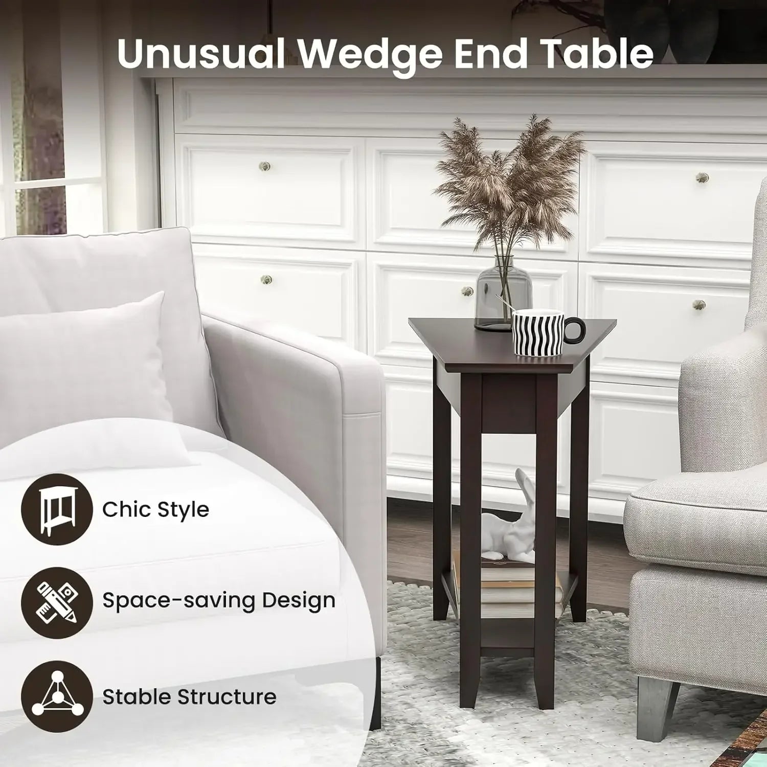 2-tier wedge end table narrow triangle side with storage shelf solid wood legs nightstand recliner for - united states