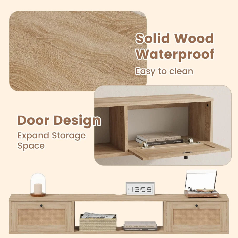 Modern rattan floating tv stand rectangular wall. -mounted with doors entertainment center storage 57 inch