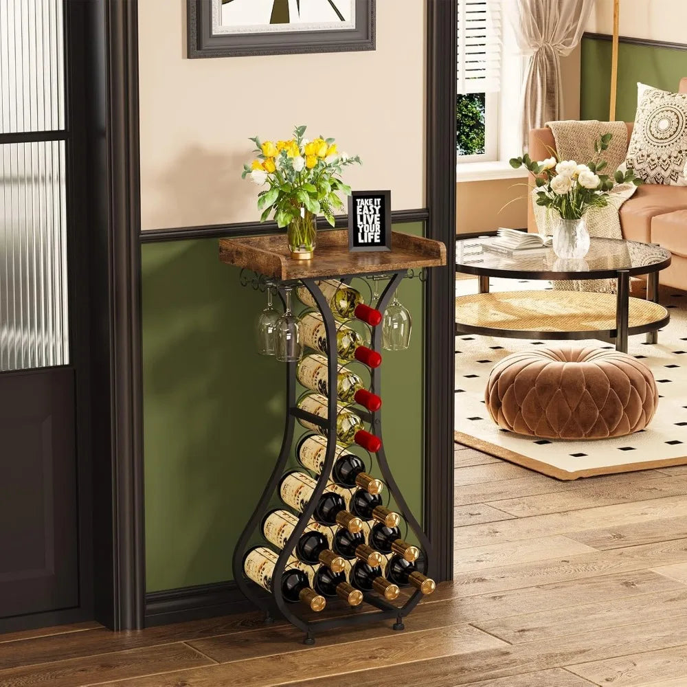 X-cosrack wine rack freestanding floor mini bar table holder stand liquor cabinet with glass wood tabletop 14 bottl