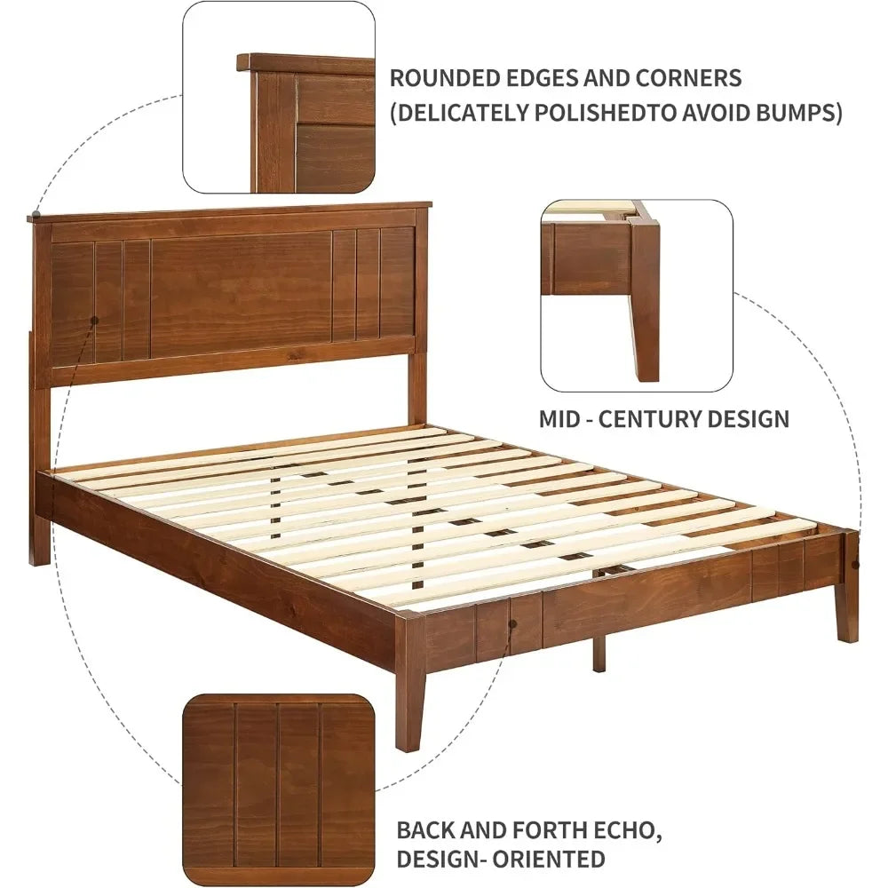 Mid-century modern solid wooden platform bed with adjustable height headboard for bedroom,king size frame - walnut