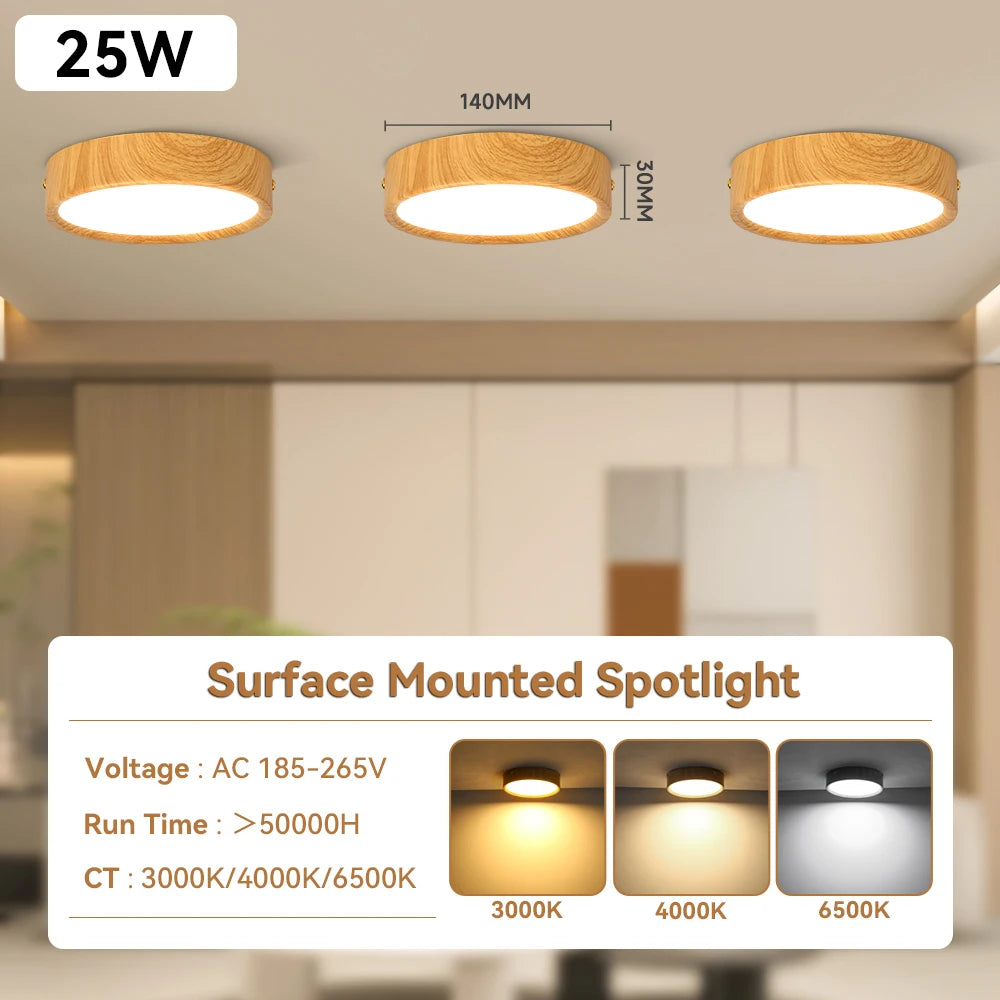 Wood ceiling light 3 colors memory downlight surface mounted led spotlight modern indoor for living room bedroom panel