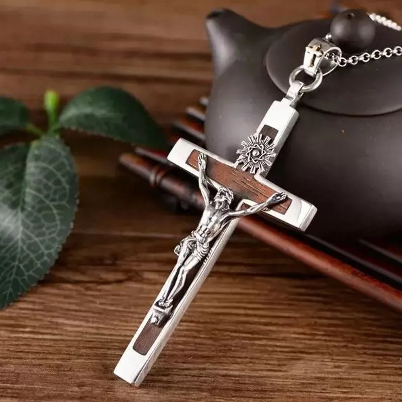 Bocai 100% s925 silver jewelry accessories retro sandalwood cross jesus pendant for men personalized and trendy