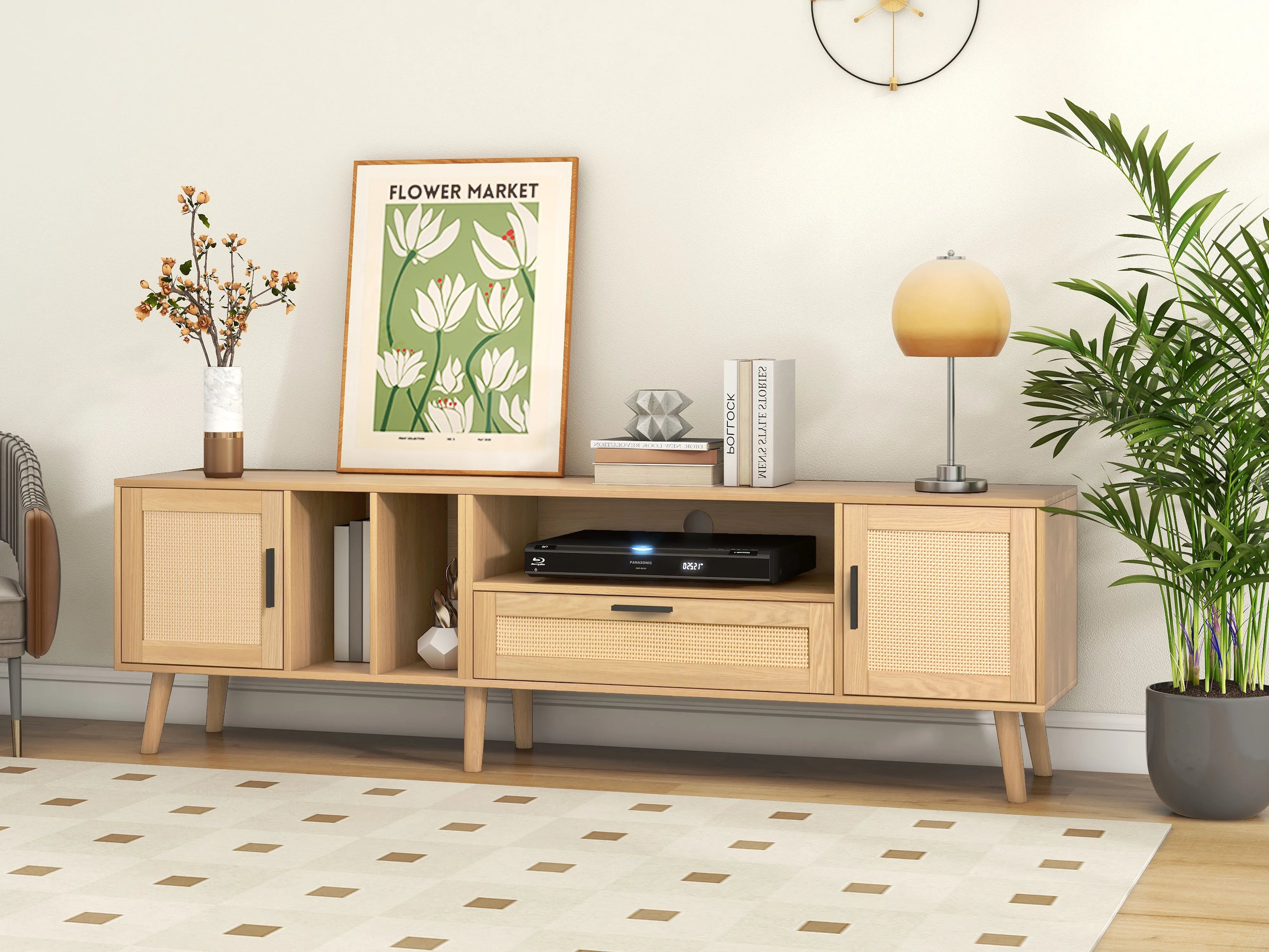 Modern farmhouse media console entertainment center with solid wood legs tv cabinet for living room,home theatre