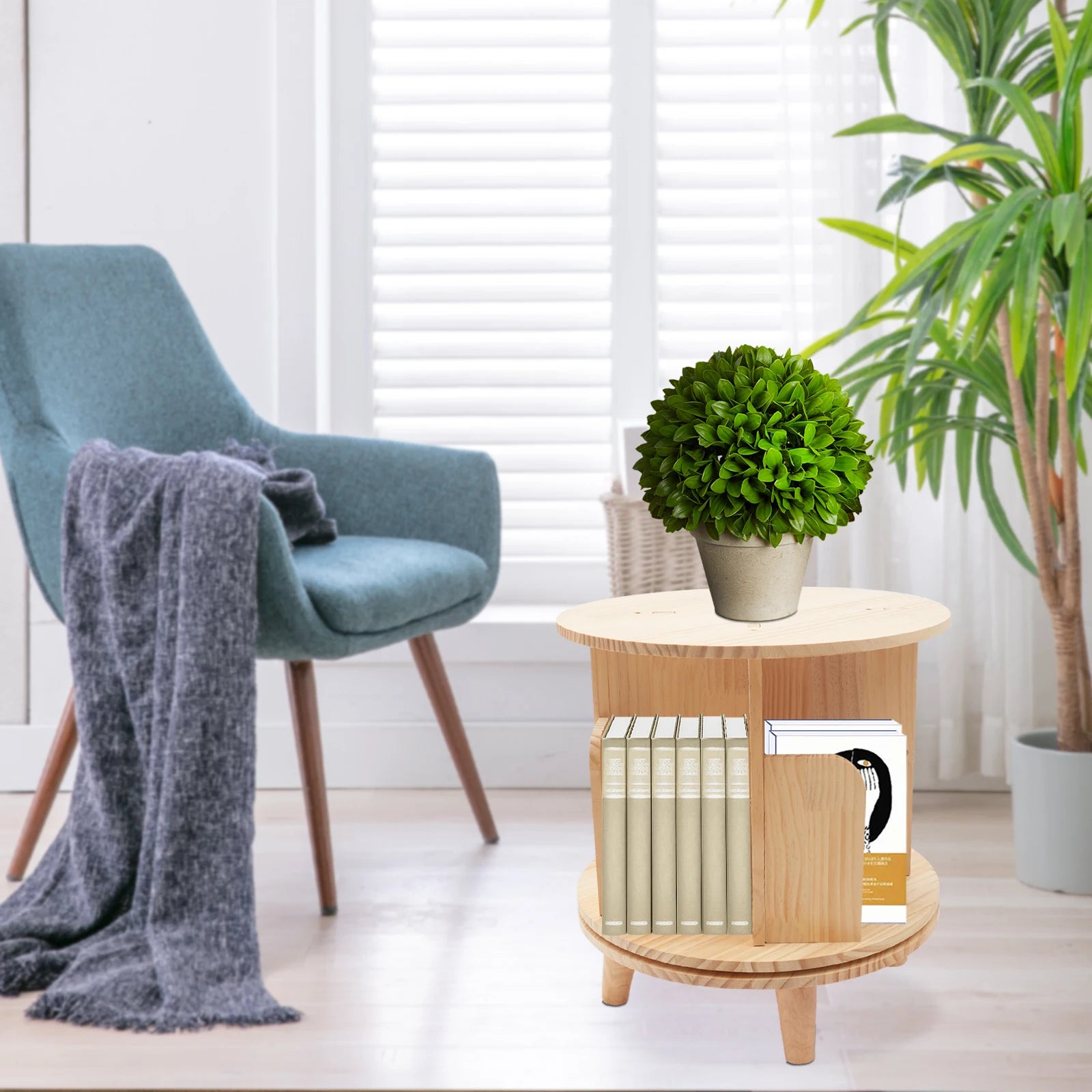 Revolving bookshelf new zealand pine wood 4 compartments strong load-bearing capacity (110lbs) minimalist design