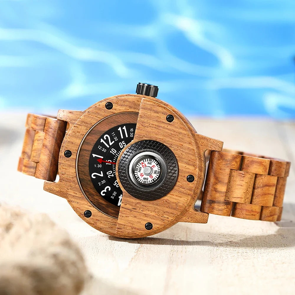 Multifunction wooden wristwatch for men quartz wrist watches creative compass man clock black walnut red wood band case