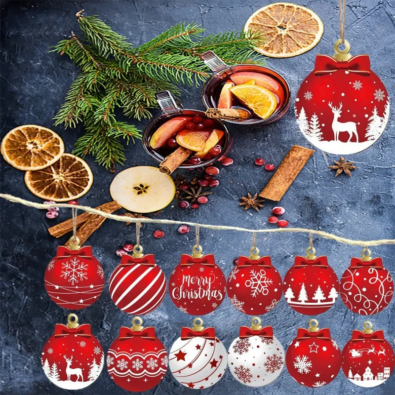 12pcs/setred and white wooden christmas ball ornament，elk snowflake pattern party hanging decoration supplies winter f