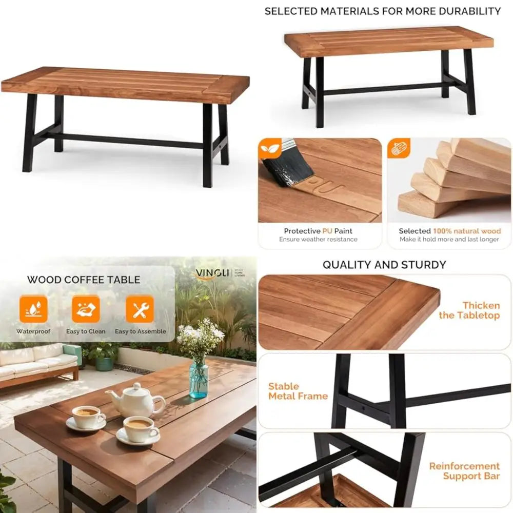 Durable metal frame outdoor wooden patio coffee table weather-resistant solid wood low for use - united states