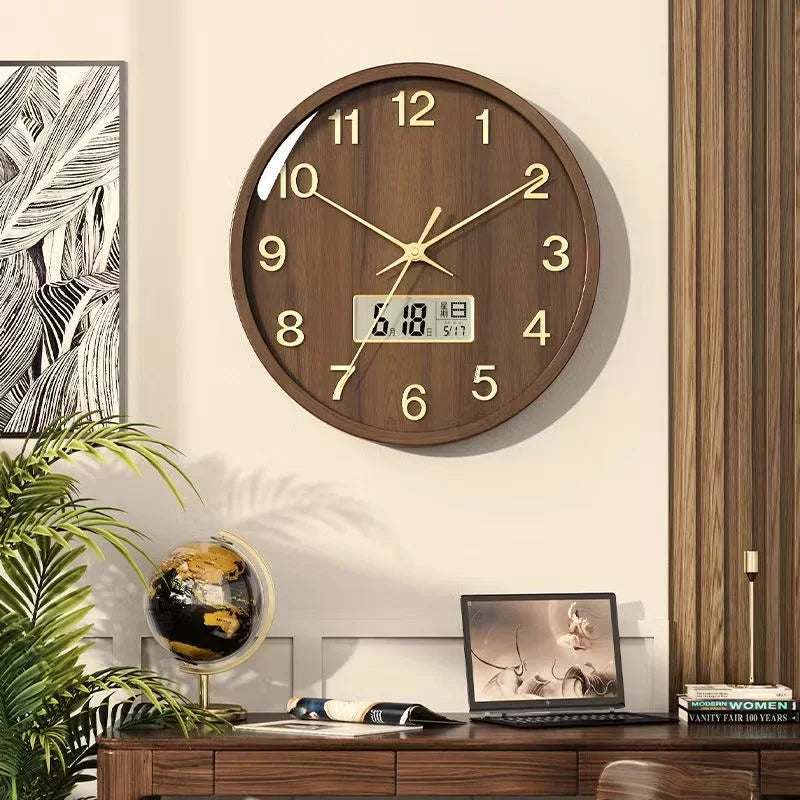 New chinese solid wood wall clock living room household quartz with calendar atmospheric decorative