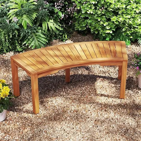 Moccha outdoor curved bench acacia wood fire pit w/slatted seat loveseat outside chair patio backless 2-person seating