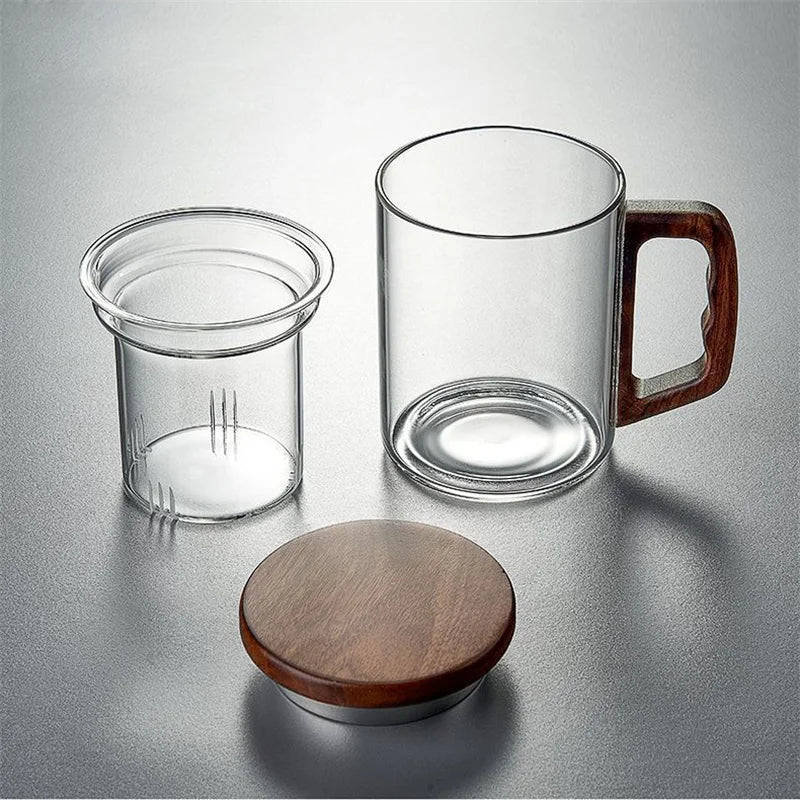 400ml walnut wooden handle glass tea cup with infuser filter flower water separation scented mug drinkware