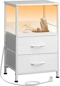 Night stand with charger station black nightstand 2 fabric drawers and storage shelf led bedside table bedroom small en