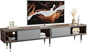 Mid century modern tv stand for 85 inch tv entertainment center with storage and sliding doors 2 in 1 long cabinet liv