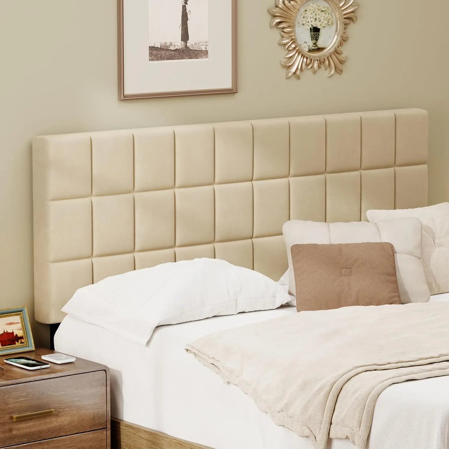 Velvet upholstered tufted king size headboard,wood head board with metal legs adjustable height from 42” to 56”