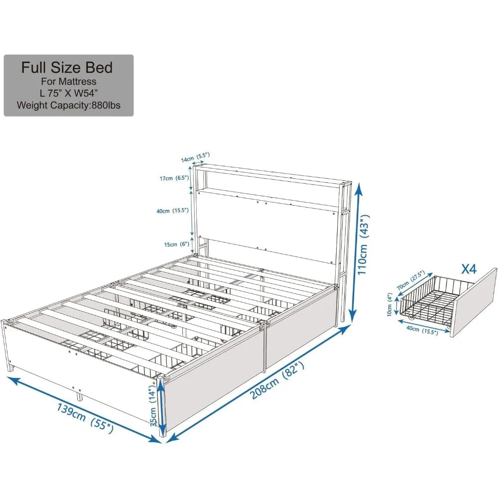 Panana modern queen size bed frame with 4 storage drawers - industrial metal & solid wood platform sturdy space-saving