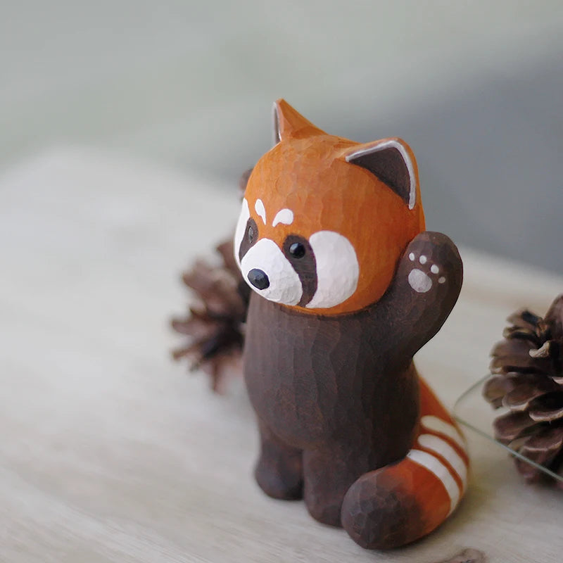 Cute home decor red panda handmade wood carving ornaments solid animal sculpture desk accessories kawaii figurine
